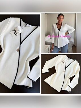 Zara Crossover White Textured Knit Blazer/Cardigan with Black Trim